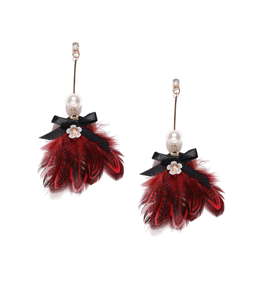 YouBella Red Gold-Plated Feather-Shaped Drop Earrings